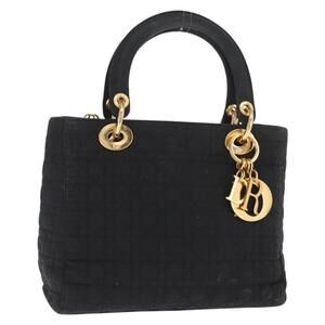 Christian Dior Lady Dior Canage Hand Bag Nylon Black Gold Auth ka1172